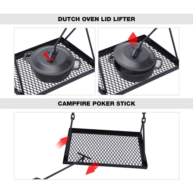 Alt view image 5 of 7 - Swing Campfire Grill Stand - Collapsible Campfire Cooking Rack with 6 Hooks & Iron Grill Grate, Portable Dutch Oven Hanger for Outdoor Camping, Cookware, Bonfire, Rectangle