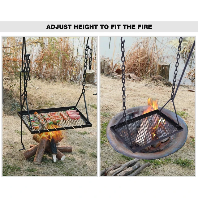 Alt view image 6 of 7 - Swing Campfire Grill Stand - Collapsible Campfire Cooking Rack with 6 Hooks & Iron Grill Grate, Portable Dutch Oven Hanger for Outdoor Camping, Cookware, Bonfire, Rectangle