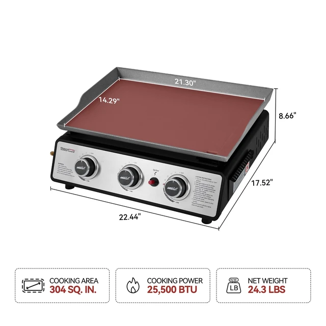 Alt view image 3 of 7 - PD1301S Portable 3-Burner Tabletop Gas Griddle | 25,500 BTU Cooking Power, 304 Sq. In. Cooking Surface | Ideal for Camping & Tailgating, Black & Silver
