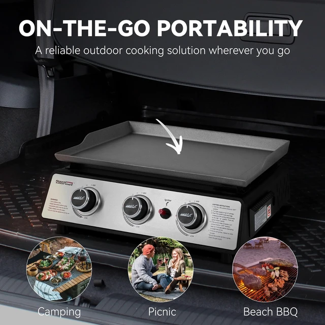 Alt view image 4 of 7 - PD1301S Portable 3-Burner Tabletop Gas Griddle | 25,500 BTU Cooking Power, 304 Sq. In. Cooking Surface | Ideal for Camping & Tailgating, Black & Silver