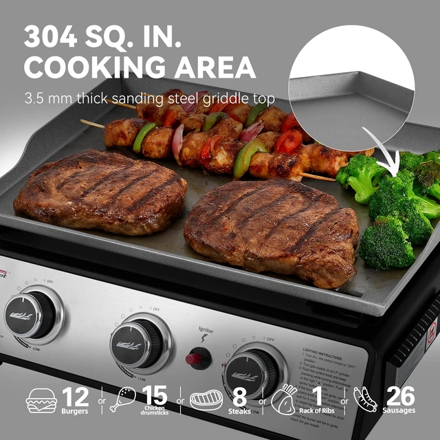 Alt view image 6 of 7 - PD1301S Portable 3-Burner Tabletop Gas Griddle | 25,500 BTU Cooking Power, 304 Sq. In. Cooking Surface | Ideal for Camping & Tailgating, Black & Silver