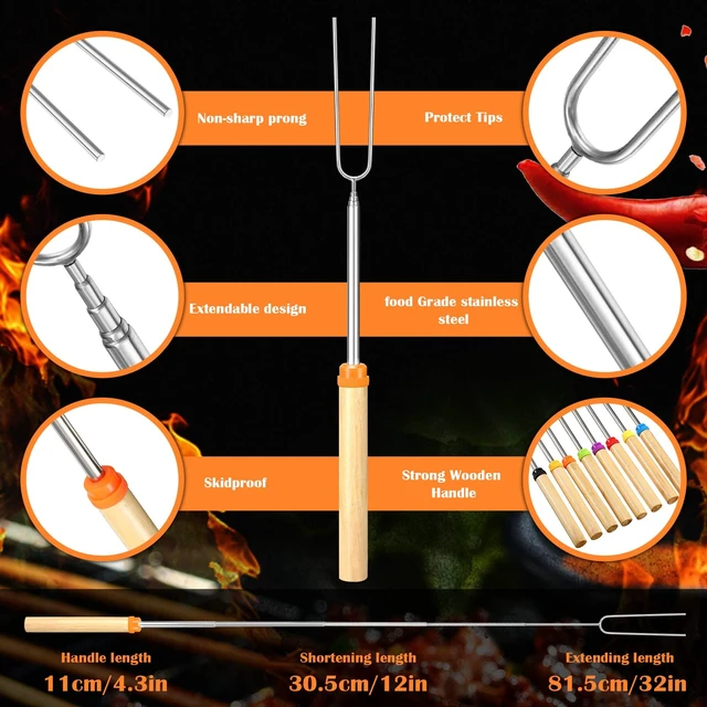 Alt view image 5 of 7 - 150 Pack 32 Inch Marshmallow Roasting Sticks for Fire Pit Bulk | Smores Skewers for Fire Pit Kit, Hot Dog Camping Skewers Accessories, Campfire Extendable Forks BBQ Tools