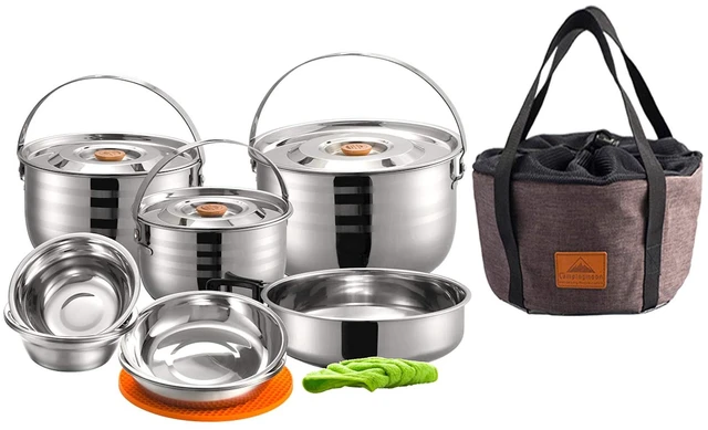 Main image of CAMPINGMOON 16PCS Camping Cookware Set Stainless Steel Outdoor Nesting Cooking Mess Kit Pots Pans Bowls with Storage Carrying Tote Bag MC240