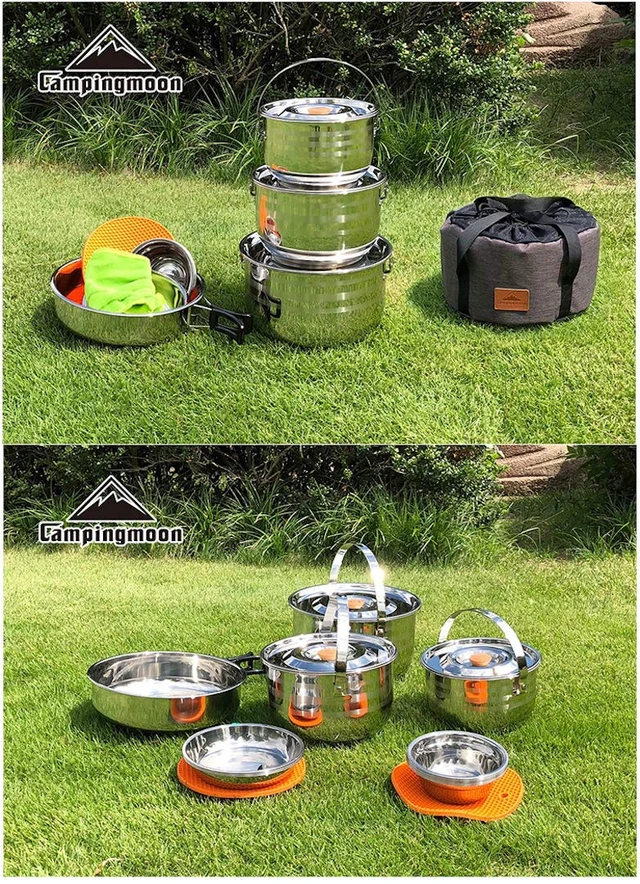 Alt view image 6 of 6 - CAMPINGMOON 16PCS Camping Cookware Set Stainless Steel Outdoor Nesting Cooking Mess Kit Pots Pans Bowls with Storage Carrying Tote Bag MC240