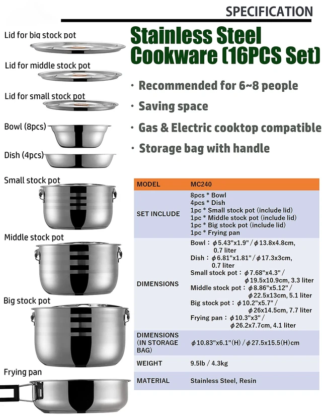 Alt view image 2 of 6 - CAMPINGMOON 16PCS Camping Cookware Set Stainless Steel Outdoor Nesting Cooking Mess Kit Pots Pans Bowls with Storage Carrying Tote Bag MC240