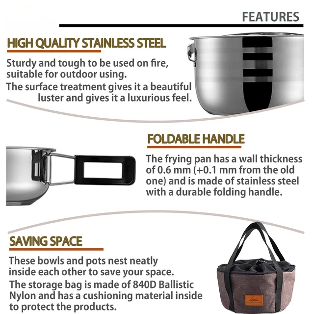 Alt view image 3 of 6 - CAMPINGMOON 16PCS Camping Cookware Set Stainless Steel Outdoor Nesting Cooking Mess Kit Pots Pans Bowls with Storage Carrying Tote Bag MC240