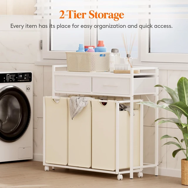 Alt view image 2 of 7 - Laundry Hamper 3 Section, Large Rolling Laundry Sorter with Shelf & 2 Drawers, Pull-Out Laundry Basket Organizer with Wheels and Removable Bag for Laundry Room Bathroom, White and Beige