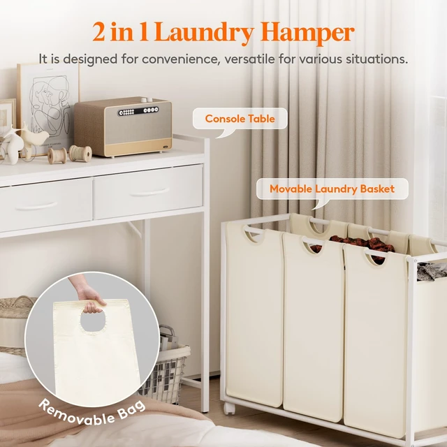 Alt view image 3 of 7 - Laundry Hamper 3 Section, Large Rolling Laundry Sorter with Shelf & 2 Drawers, Pull-Out Laundry Basket Organizer with Wheels and Removable Bag for Laundry Room Bathroom, White and Beige