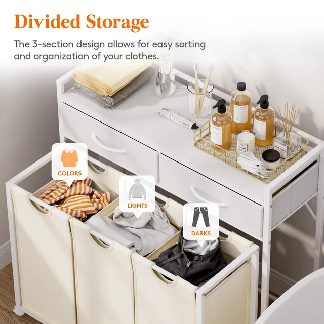 Alt view image 5 of 7 - Laundry Hamper 3 Section, Large Rolling Laundry Sorter with Shelf & 2 Drawers, Pull-Out Laundry Basket Organizer with Wheels and Removable Bag for Laundry Room Bathroom, White and Beige