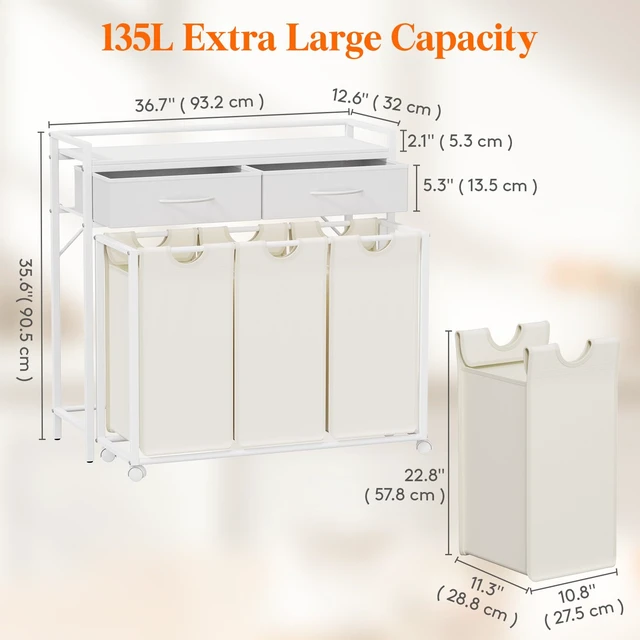 Alt view image 6 of 7 - Laundry Hamper 3 Section, Large Rolling Laundry Sorter with Shelf & 2 Drawers, Pull-Out Laundry Basket Organizer with Wheels and Removable Bag for Laundry Room Bathroom, White and Beige