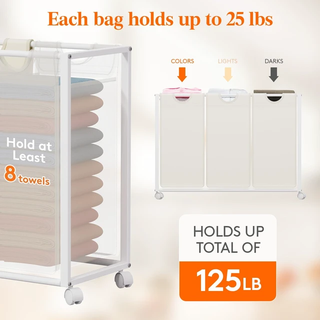 Alt view image 7 of 7 - Laundry Hamper 3 Section, Large Rolling Laundry Sorter with Shelf & 2 Drawers, Pull-Out Laundry Basket Organizer with Wheels and Removable Bag for Laundry Room Bathroom, White and Beige