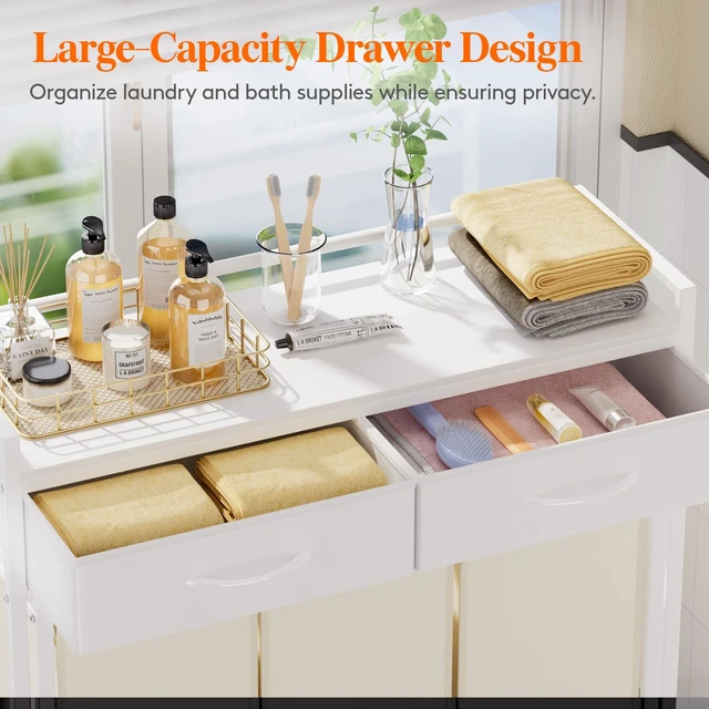 Alt view image 4 of 7 - Laundry Hamper 3 Section, Large Rolling Laundry Sorter with Shelf & 2 Drawers, Pull-Out Laundry Basket Organizer with Wheels and Removable Bag for Laundry Room Bathroom, White and Beige