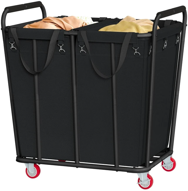Main image of 2 Section Laundry Sorter Cart, 400L Rolling Hamper with Wheels, Industrial Laundry Basket Organizer, Extra Large Dirty Clothes Hamper for Home & Hotel, Heavy Duty, Black