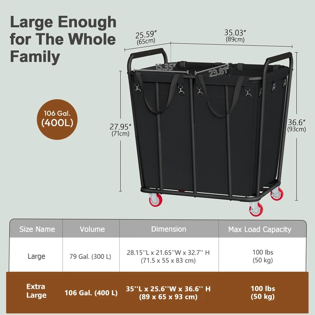 Alt view image 2 of 7 - 2 Section Laundry Sorter Cart, 400L Rolling Hamper with Wheels, Industrial Laundry Basket Organizer, Extra Large Dirty Clothes Hamper for Home & Hotel, Heavy Duty, Black