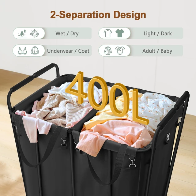 Alt view image 3 of 7 - 2 Section Laundry Sorter Cart, 400L Rolling Hamper with Wheels, Industrial Laundry Basket Organizer, Extra Large Dirty Clothes Hamper for Home & Hotel, Heavy Duty, Black