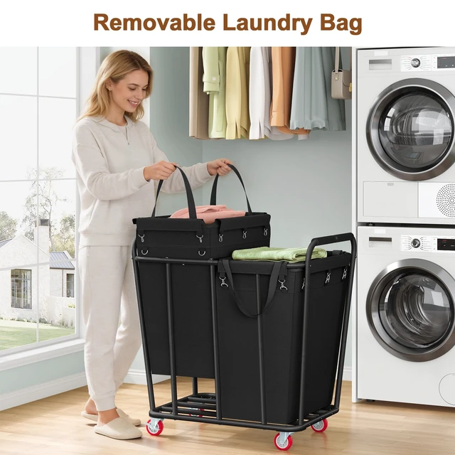 Alt view image 5 of 7 - 2 Section Laundry Sorter Cart, 400L Rolling Hamper with Wheels, Industrial Laundry Basket Organizer, Extra Large Dirty Clothes Hamper for Home & Hotel, Heavy Duty, Black