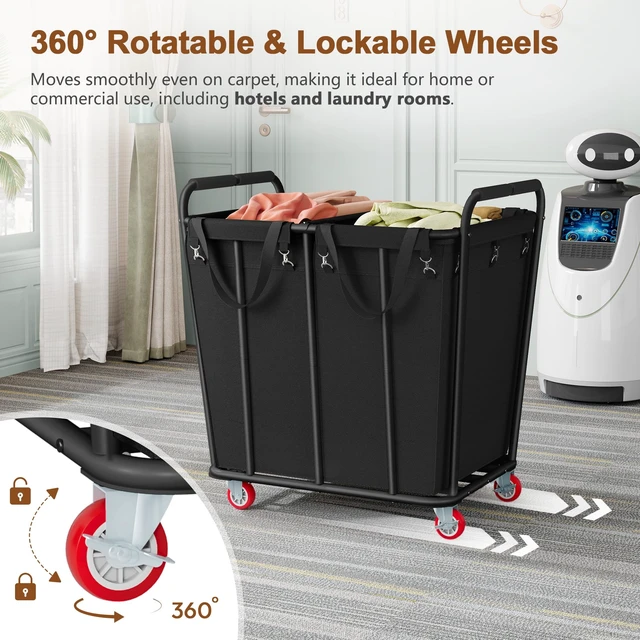 Alt view image 6 of 7 - 2 Section Laundry Sorter Cart, 400L Rolling Hamper with Wheels, Industrial Laundry Basket Organizer, Extra Large Dirty Clothes Hamper for Home & Hotel, Heavy Duty, Black
