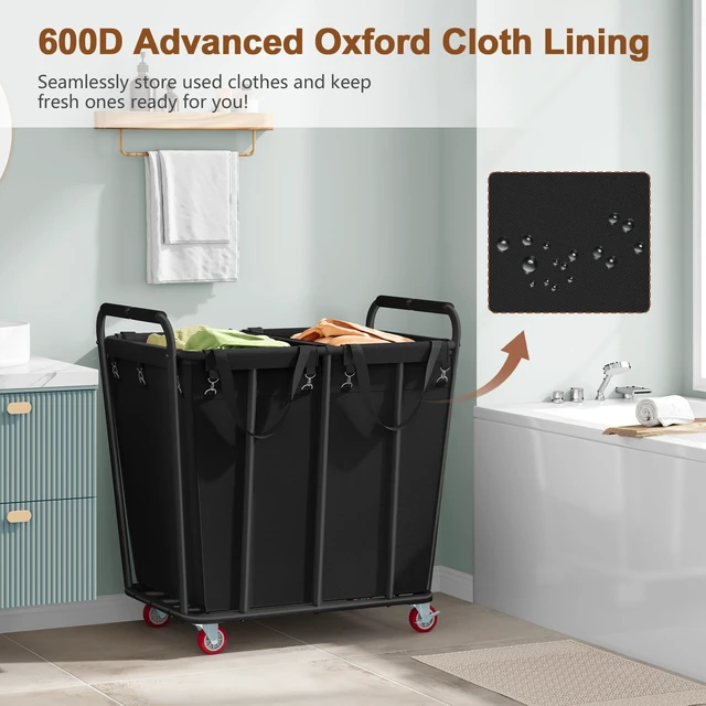 Alt view image 7 of 7 - 2 Section Laundry Sorter Cart, 400L Rolling Hamper with Wheels, Industrial Laundry Basket Organizer, Extra Large Dirty Clothes Hamper for Home & Hotel, Heavy Duty, Black