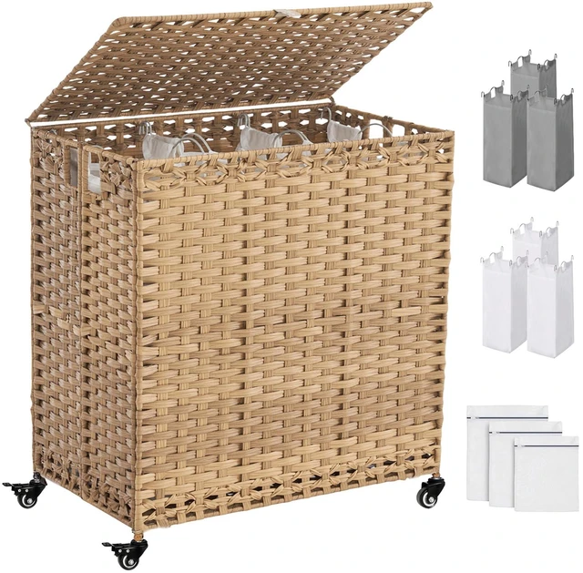 Main image of Laundry Hamper with Wheels&Lid, 50.2 Gallons(190L) Rolling Laundry Basket with Wheels, 3-Section Laundry Hamper, Handwoven Rattan Clothes Hamper with 6 Removable Liner& 3 Mesh Laundry Bags, Natural