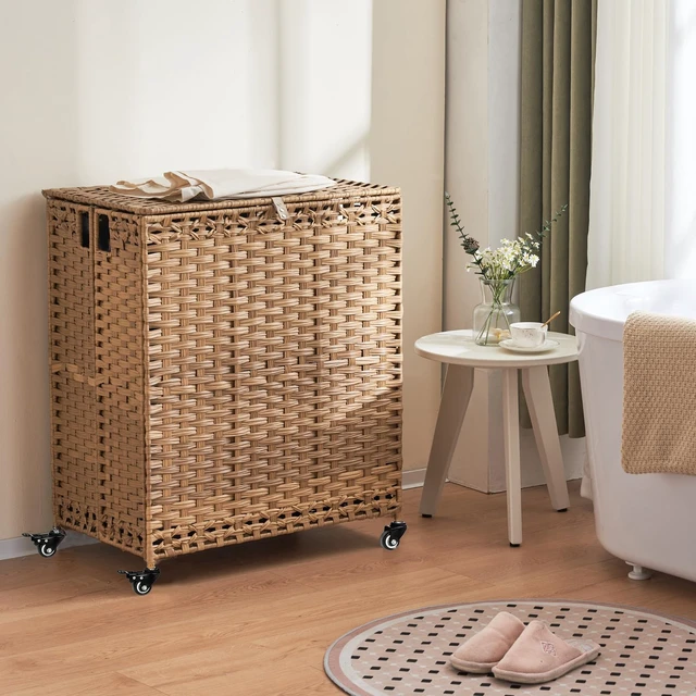 Alt view image 2 of 7 - Laundry Hamper with Wheels&Lid, 50.2 Gallons(190L) Rolling Laundry Basket with Wheels, 3-Section Laundry Hamper, Handwoven Rattan Clothes Hamper with 6 Removable Liner& 3 Mesh Laundry Bags, Natural