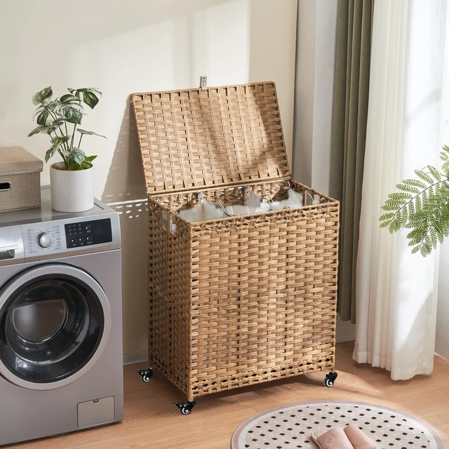 Alt view image 3 of 7 - Laundry Hamper with Wheels&Lid, 50.2 Gallons(190L) Rolling Laundry Basket with Wheels, 3-Section Laundry Hamper, Handwoven Rattan Clothes Hamper with 6 Removable Liner& 3 Mesh Laundry Bags, Natural
