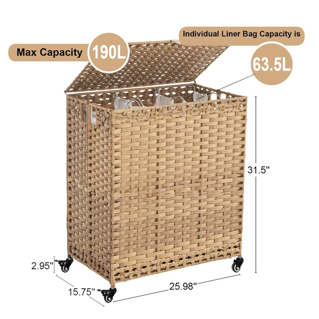 Alt view image 4 of 7 - Laundry Hamper with Wheels&Lid, 50.2 Gallons(190L) Rolling Laundry Basket with Wheels, 3-Section Laundry Hamper, Handwoven Rattan Clothes Hamper with 6 Removable Liner& 3 Mesh Laundry Bags, Natural