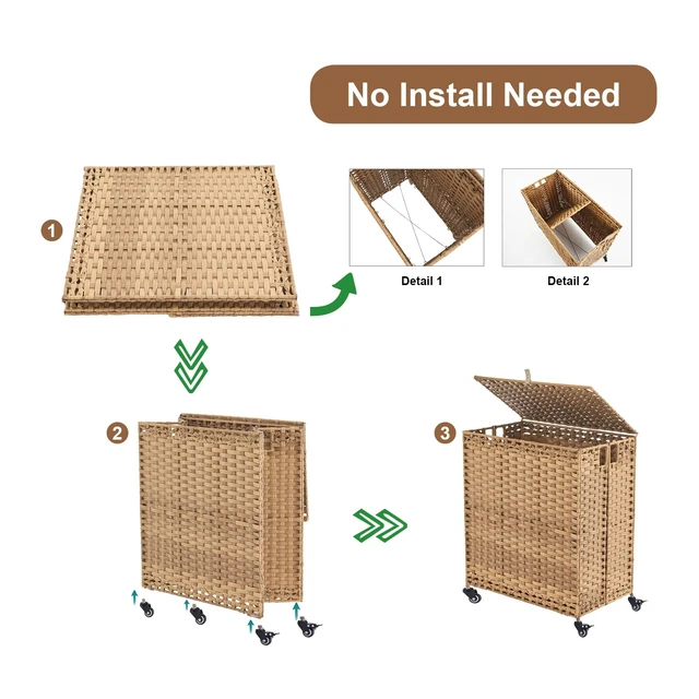 Alt view image 6 of 7 - Laundry Hamper with Wheels&Lid, 50.2 Gallons(190L) Rolling Laundry Basket with Wheels, 3-Section Laundry Hamper, Handwoven Rattan Clothes Hamper with 6 Removable Liner& 3 Mesh Laundry Bags, Natural