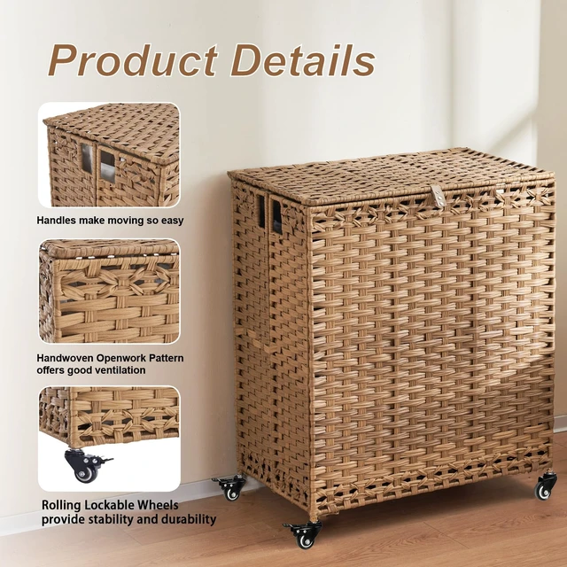 Alt view image 7 of 7 - Laundry Hamper with Wheels&Lid, 50.2 Gallons(190L) Rolling Laundry Basket with Wheels, 3-Section Laundry Hamper, Handwoven Rattan Clothes Hamper with 6 Removable Liner& 3 Mesh Laundry Bags, Natural