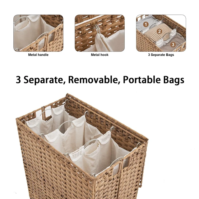 Alt view image 5 of 7 - Laundry Hamper with Wheels&Lid, 50.2 Gallons(190L) Rolling Laundry Basket with Wheels, 3-Section Laundry Hamper, Handwoven Rattan Clothes Hamper with 6 Removable Liner& 3 Mesh Laundry Bags, Natural