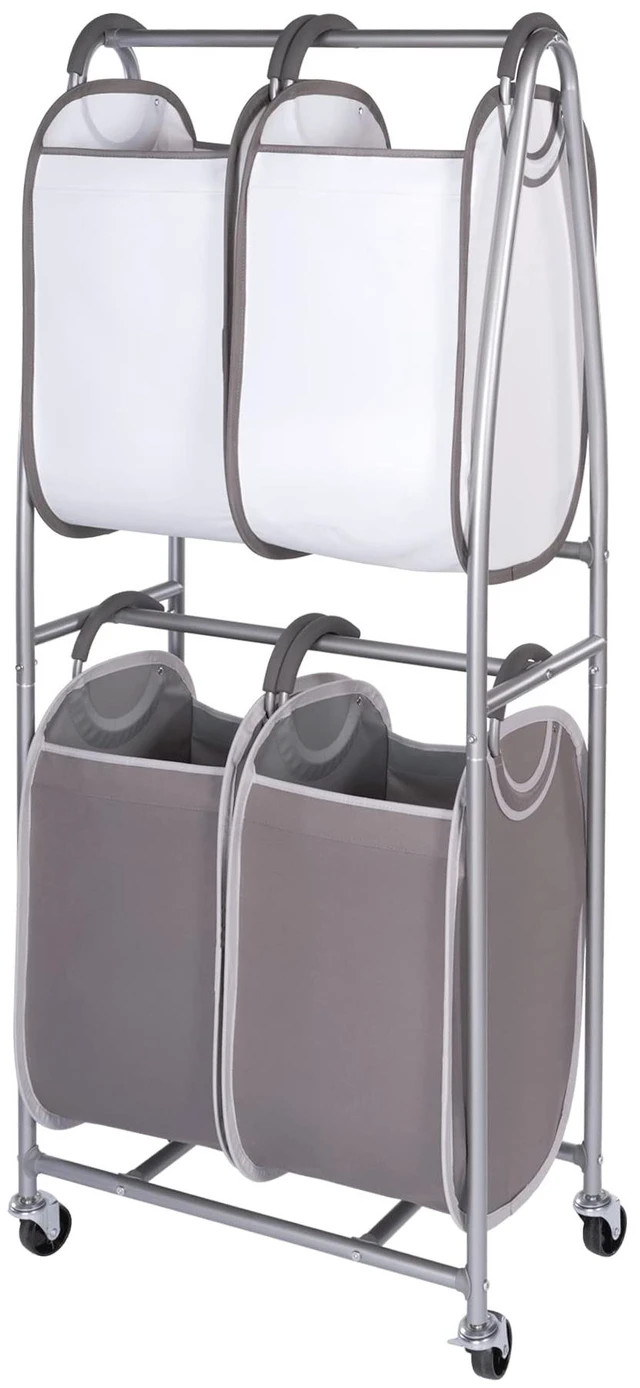 Main image of - 2 Tier Vertical Rolling Laundry Cart - Rolling Storage Cart On Wheels With 4 x Tote Hampers For Laundry, Towels, Blankets & Bathroom Organization - Quad Laundry Sorter