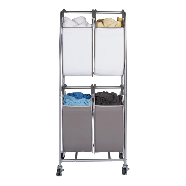 Alt view image 4 of 7 - - 2 Tier Vertical Rolling Laundry Cart - Rolling Storage Cart On Wheels With 4 x Tote Hampers For Laundry, Towels, Blankets & Bathroom Organization - Quad Laundry Sorter