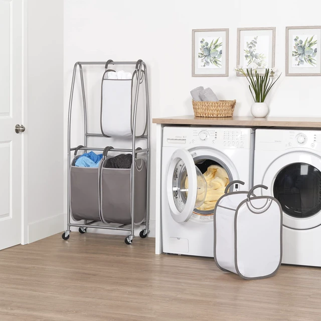 Alt view image 2 of 7 - - 2 Tier Vertical Rolling Laundry Cart - Rolling Storage Cart On Wheels With 4 x Tote Hampers For Laundry, Towels, Blankets & Bathroom Organization - Quad Laundry Sorter