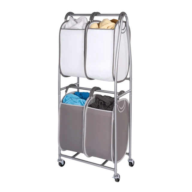 Alt view image 3 of 7 - - 2 Tier Vertical Rolling Laundry Cart - Rolling Storage Cart On Wheels With 4 x Tote Hampers For Laundry, Towels, Blankets & Bathroom Organization - Quad Laundry Sorter