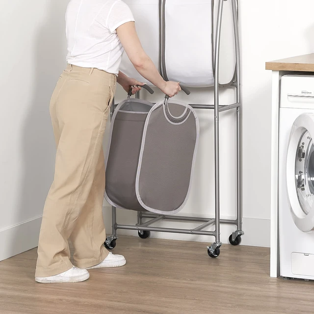 Alt view image 5 of 7 - - 2 Tier Vertical Rolling Laundry Cart - Rolling Storage Cart On Wheels With 4 x Tote Hampers For Laundry, Towels, Blankets & Bathroom Organization - Quad Laundry Sorter