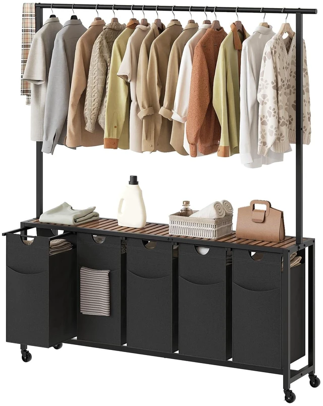 Main image of Laundry Hamper, Laundry Sorter 5 Section, Rolling Laundry Basket, Laundry Sorter with Hanging Bar, Hampers for Laundry, Laundry Basket Organizer for Laundry Room, Rustic Brown LS57BR
