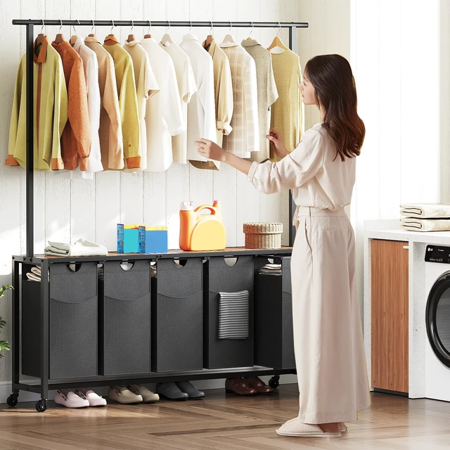 Alt view image 2 of 7 - Laundry Hamper, Laundry Sorter 5 Section, Rolling Laundry Basket, Laundry Sorter with Hanging Bar, Hampers for Laundry, Laundry Basket Organizer for Laundry Room, Rustic Brown LS57BR