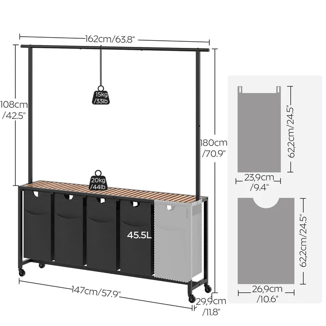 Alt view image 3 of 7 - Laundry Hamper, Laundry Sorter 5 Section, Rolling Laundry Basket, Laundry Sorter with Hanging Bar, Hampers for Laundry, Laundry Basket Organizer for Laundry Room, Rustic Brown LS57BR