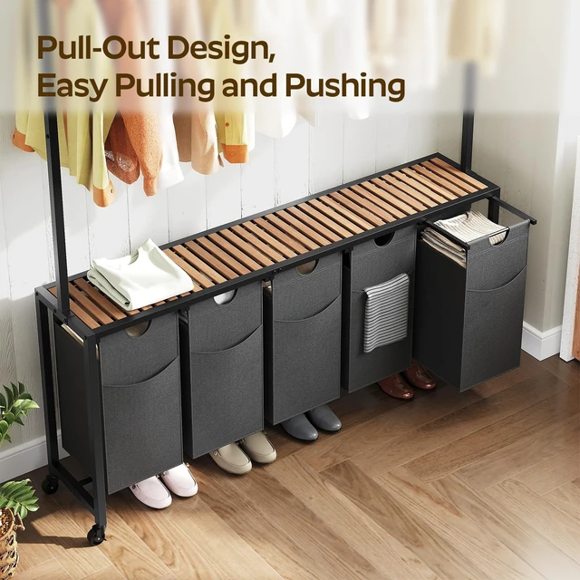 Alt view image 4 of 7 - Laundry Hamper, Laundry Sorter 5 Section, Rolling Laundry Basket, Laundry Sorter with Hanging Bar, Hampers for Laundry, Laundry Basket Organizer for Laundry Room, Rustic Brown LS57BR