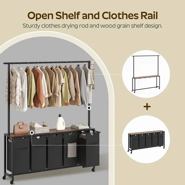 Alt view image 6 of 7 - Laundry Hamper, Laundry Sorter 5 Section, Rolling Laundry Basket, Laundry Sorter with Hanging Bar, Hampers for Laundry, Laundry Basket Organizer for Laundry Room, Rustic Brown LS57BR