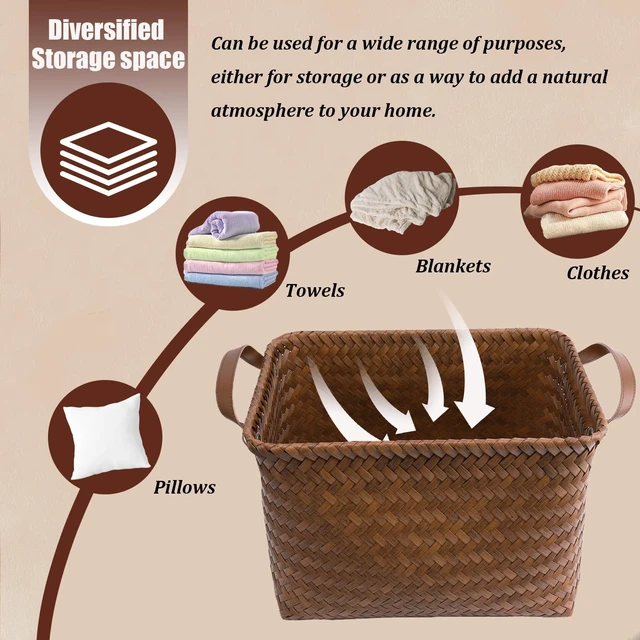 Alt view image 4 of 7 - Handwoven Clothes Basket Laundry Hampers Large Wicker Storage Baskets for Shelves Blankets Closet Storage Bins Car Bedroom Bathroom Organizers and Storage Bath (8, Brown)