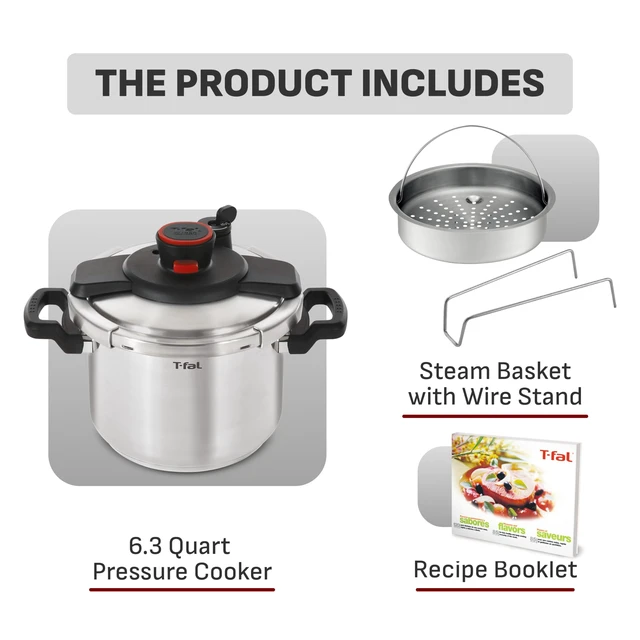 Alt view image 2 of 7 - Clipso Stainless Steel Pressure Cooker, 6.3 Quart, Recipe Book, Steam Basket, Easy-Open Lid, Secure Locking System, Adjustable Pressure Valve, Induction Cookware, Pots and Pans, Kitchen, Silver