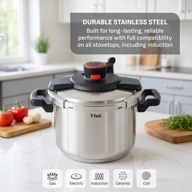 Alt view image 5 of 7 - Clipso Stainless Steel Pressure Cooker, 6.3 Quart, Recipe Book, Steam Basket, Easy-Open Lid, Secure Locking System, Adjustable Pressure Valve, Induction Cookware, Pots and Pans, Kitchen, Silver