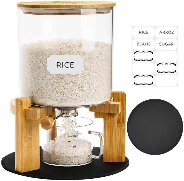 Main image of Glass Rice Dispenser 10 lbs, with Airtight Lid & Labels & Slider mat. Make your glass rice container Glass AND Bamboo rice container! Best 5L capacity grain dispenser and rice holder