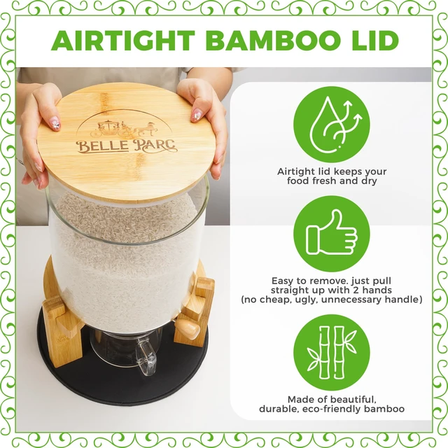 Alt view image 2 of 6 - Glass Rice Dispenser 10 lbs, with Airtight Lid & Labels & Slider mat. Make your glass rice container Glass AND Bamboo rice container! Best 5L capacity grain dispenser and rice holder