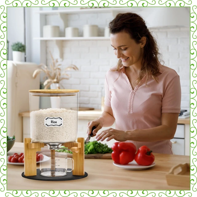 Alt view image 5 of 6 - Glass Rice Dispenser 10 lbs, with Airtight Lid & Labels & Slider mat. Make your glass rice container Glass AND Bamboo rice container! Best 5L capacity grain dispenser and rice holder