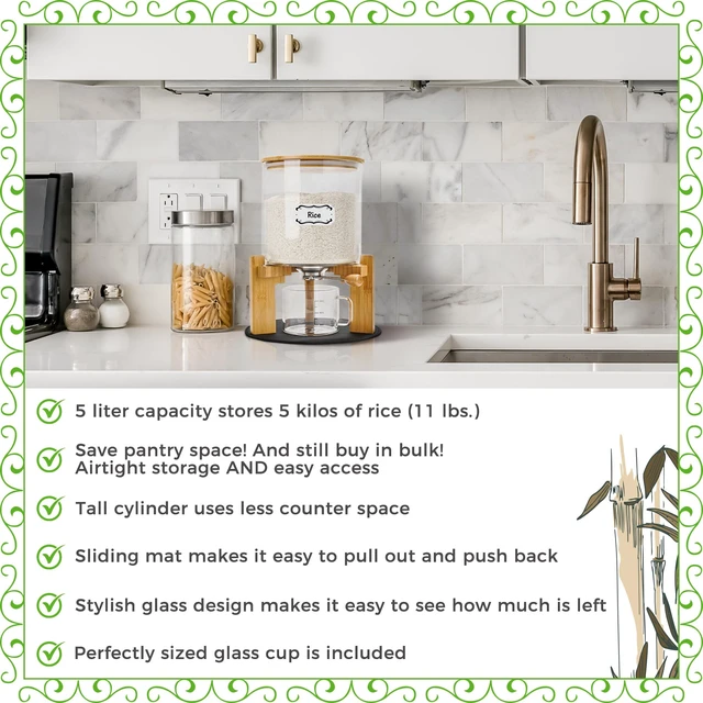 Alt view image 4 of 6 - Glass Rice Dispenser 10 lbs, with Airtight Lid & Labels & Slider mat. Make your glass rice container Glass AND Bamboo rice container! Best 5L capacity grain dispenser and rice holder