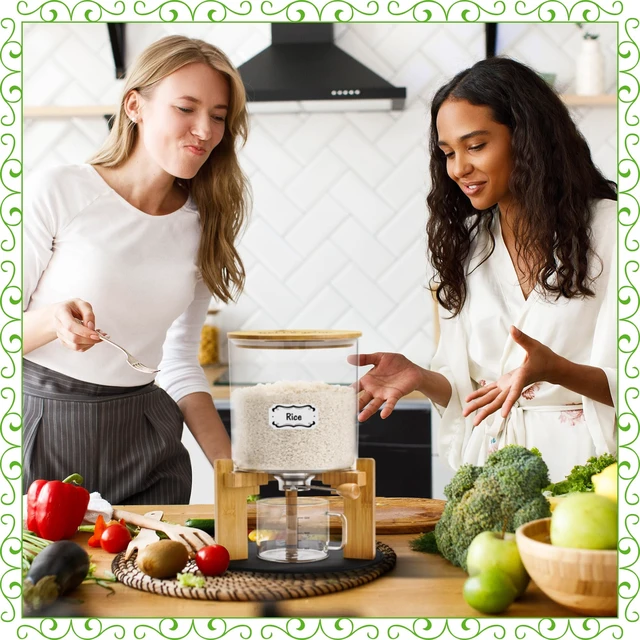 Alt view image 6 of 6 - Glass Rice Dispenser 10 lbs, with Airtight Lid & Labels & Slider mat. Make your glass rice container Glass AND Bamboo rice container! Best 5L capacity grain dispenser and rice holder