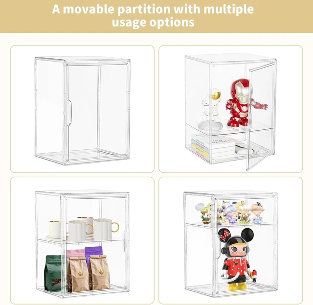 Alt view image 3 of 6 - Acrylic Display Case for Figures 3 Adjustable Layers 4Pack | Clear Display for Collectibles, 2 Tier Clear Storage Bin, Easy Assembly, Stackable Acrylic Box, Dustproof, Magnetic Door