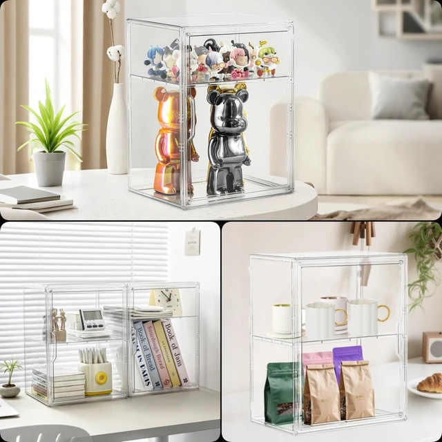 Alt view image 5 of 6 - Acrylic Display Case for Figures 3 Adjustable Layers 4Pack | Clear Display for Collectibles, 2 Tier Clear Storage Bin, Easy Assembly, Stackable Acrylic Box, Dustproof, Magnetic Door