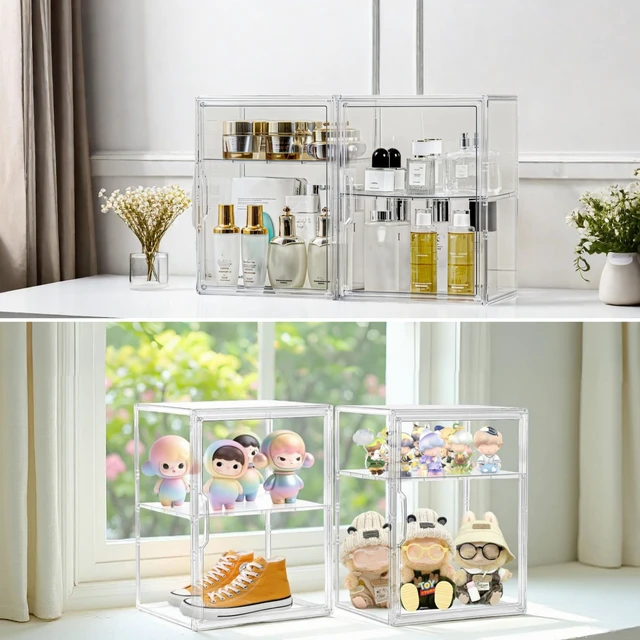Alt view image 4 of 6 - Acrylic Display Case for Figures 3 Adjustable Layers 4Pack | Clear Display for Collectibles, 2 Tier Clear Storage Bin, Easy Assembly, Stackable Acrylic Box, Dustproof, Magnetic Door